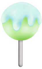 A green lollipop ball with light blue colors flowing drop on the top of ball with a white-grey stick holder.
