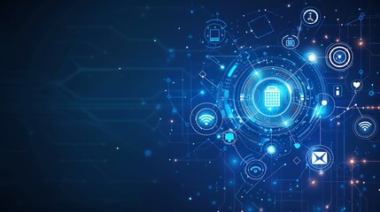 Fototapeta premium Abstract blue background with connected technology related icons