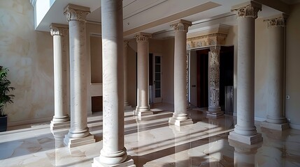 Elegant Interior of Architectural Building with Classic White Marble Pillar Columns for Luxurious Luxury Home Decoration Structure Concept.