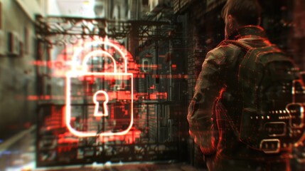 Person near digital lock in an urban alleyway scene.