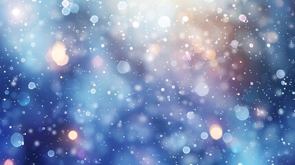 Abstract blurred soft blue and white beautiful glowing blinking bokeh and snowfall on colorful...