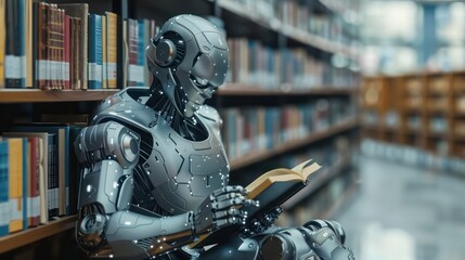 Fototapeta premium Robotic reading the book,literacy, training, data analysis