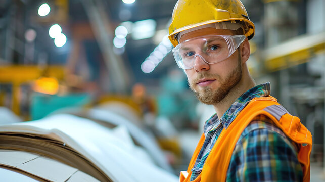 Industrial worker in a pulp and paper mill, focusing on safety and production processes.