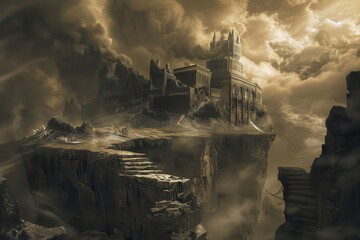 Fototapeta premium Ancient citadel perched precariously on a rocky precipice shrouded in mist