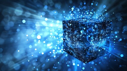 Abstract connected cube exploding with particles artificial intelligence technology background