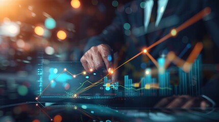 Businessman analyzing futuristic financial graph data.