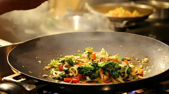 A pan filled with colorful vegetables, chicken, and rice being cooked with Ai generated.