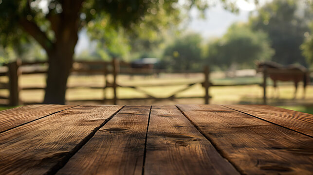 close up of rustic empty wooden table with blurred horse ranch farm background