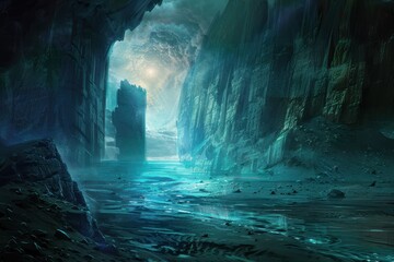 Mysterious alien landscape with glowing blue water and towering rock formations