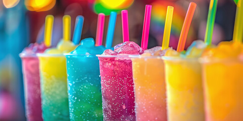 Colorful slushie drinks in a row, vibrant lighting, shallow depth of field
