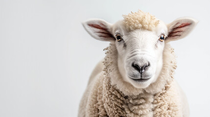 A close up portrait of a white sheep against a plain background. The mood is calm and serene, suitable for themes of agriculture, farm animals, animal welfare, and anti cruelty. Copy space
