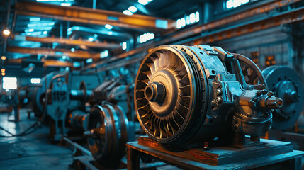 a powerful electric motor in an industrial setting, surrounded by various mechanical parts and tools under harsh fluorescent lighting