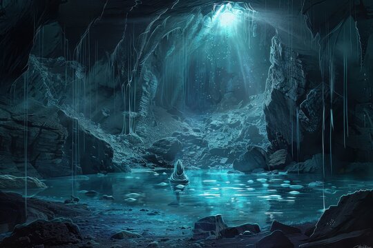 Glowing Cavern Lake with Boat