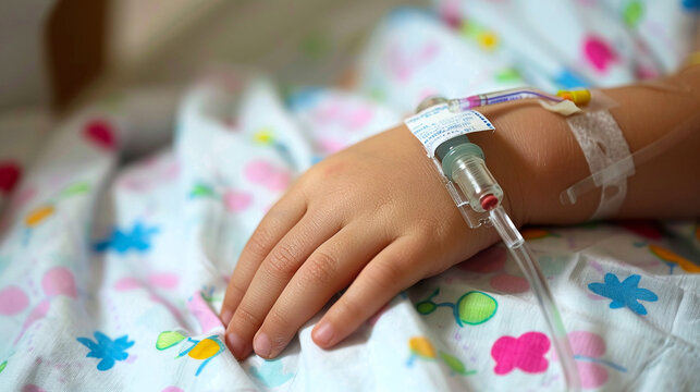 hand of a child with an IV in a hospital with a focus on medical care and recovery in a clinical setting