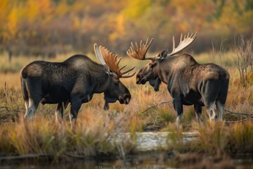 Obraz premium A young bull appearing dejected as he is pushed out of the dominant Moose's territory.