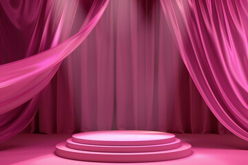 Pink Podium with Draped Curtains, Elegant and Modern Event Decor