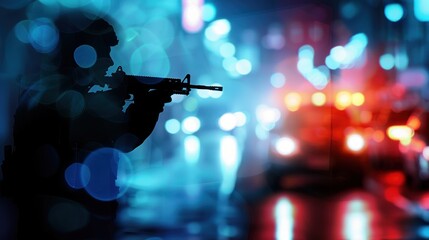 A silhouette of a soldier in colorful nighttime city.