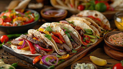 Fototapeta premium Different types of fajitas on a wooden table, front view shot 