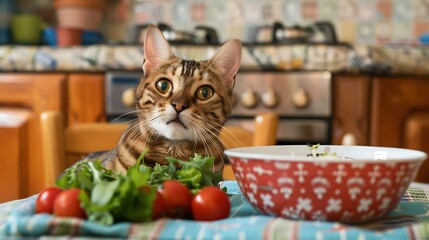 Funny bengal cat with bib lying near bowl with fresh salad on kitchen table