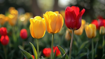 Fototapeta premium Red and Yellow Tulips in Full Bloom