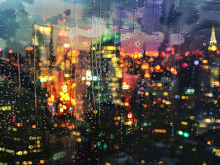 Fototapeta premium Rainy Urban Life City Scene with Heavy Rainfall
