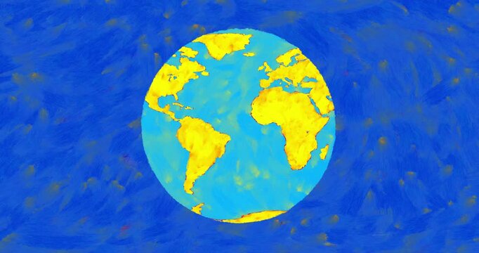 Earth globe smooth crayon drawing pulsing flat 2d.  Cartoon animation. Hand drawn texture, dynamic, cartoon on navy background for any use. Seamless loop.
