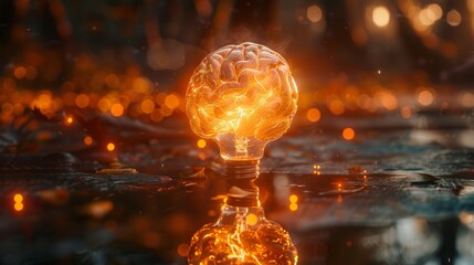 A Glowing Light Bulb in the Shape of a Brain in the Middle of the Water - Generative AI