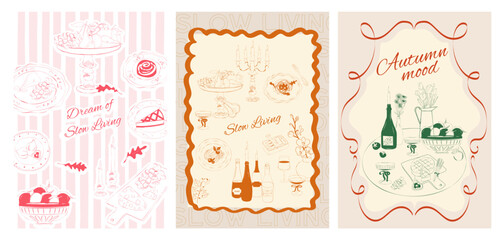Interior posters set.  Collection of Slow living Fall posters. Food Poster template. Editable vector illustration.