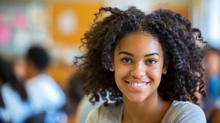 Obraz premium Portrait of a smiling girl with curly hair in a classroom, radiating joy and positivity, ideal for educational themes.