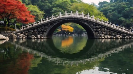 Fototapeta premium shows a stone arch bridge over a pond with a stone path l