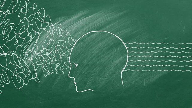 A chalkboard depicts a head with chaotic lines flowing from one side and parallel lines emanating from the other, representing the process of thinking and finding clarity.