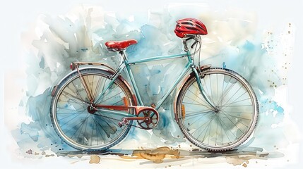 Fototapeta premium Vibrant Watercolor Illustration of a Bicycle with Red Helmet on Abstract Background