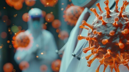 Microscopic view of coronavirus with medical personnel