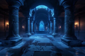 Columned chambers adorned with exploration gear and strategic lighting offer a dramatic and immersive environment for adventure. 