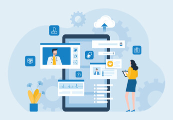 business technology Healthcare app consultancy and telemedicine design. with Woman consults doctor online concept

