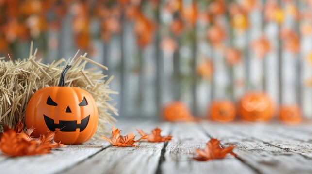 A rustic display of Jack-o'-Lanterns and pumpkins on hay bales, capturing the charm and spookiness of Halloween.