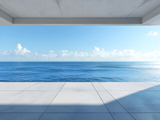 Obraz premium 3D Rendering Empty Concrete Terrace with Sea View, Emphasizing Serenity and Coastal Living Ambiance