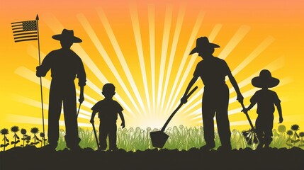 Four silhouettes of farmers working at sunrise, USA flag.