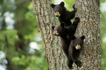Obraz premium Black Bear, American Black Bear cubs climbing tree, looking
