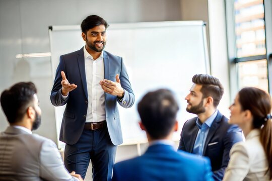 "Indian Businessman Giving a Workshop to Team Members" – A man conducting a professional development session.
