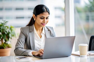 "Indian Businesswoman Organizing Meeting Agenda on Computer" – A woman scheduling and organizing meeting agendas on her laptop.

