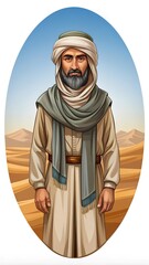 An illustration of a Middle Eastern man in traditional clothing standing in a desert landscape