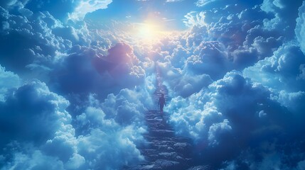 Obraz premium A person walking up a stairway to heaven through clouds in the sky, symbolizing the journey after death