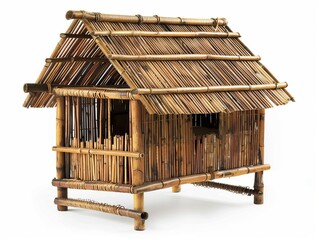 Rustic Bamboo Chicken Coop Populated on White Background