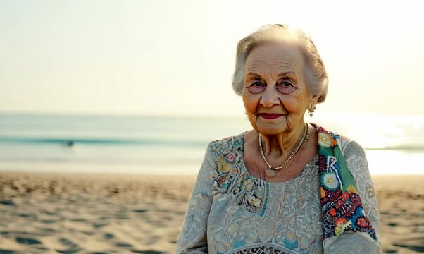 Lifestyle portrait video of a satisfied 100-year-old elderly woman wearing a foulard against a beach background