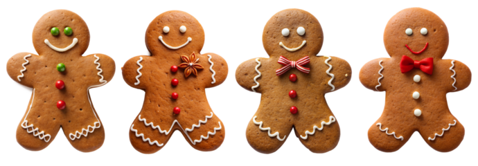 Collection of different gingerbread men on a transparent background. The concept of holidays and fun.