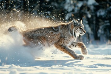 Canada Lynx running in snow