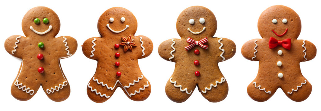 Collection of different gingerbread men on a transparent background. The concept of holidays and fun.