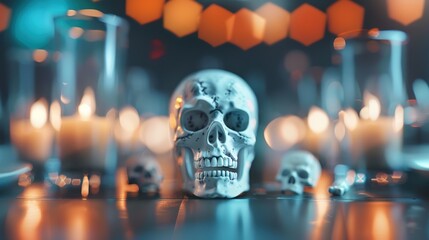 A close-up of a spooky Halloween table setting adorned with eerie skeletons and skulls, creating a chilling atmosphere for festive celebrations.