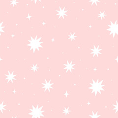 Simple seamless pattern with white stars on a pink background. Vector graphics.